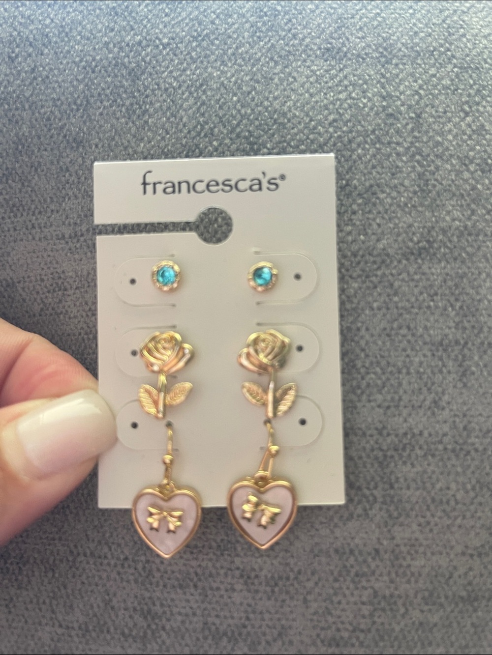 Francesca's Collections Gold Rose Drop Earrings with Pink Hearts and Blue Studs